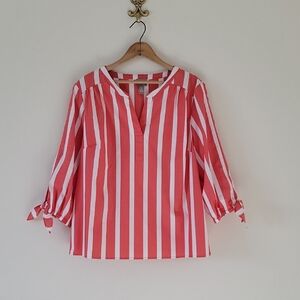 Chico's Red-Orange White Stripe Cotton Poplin Blouse Tie Sleeves Size XL